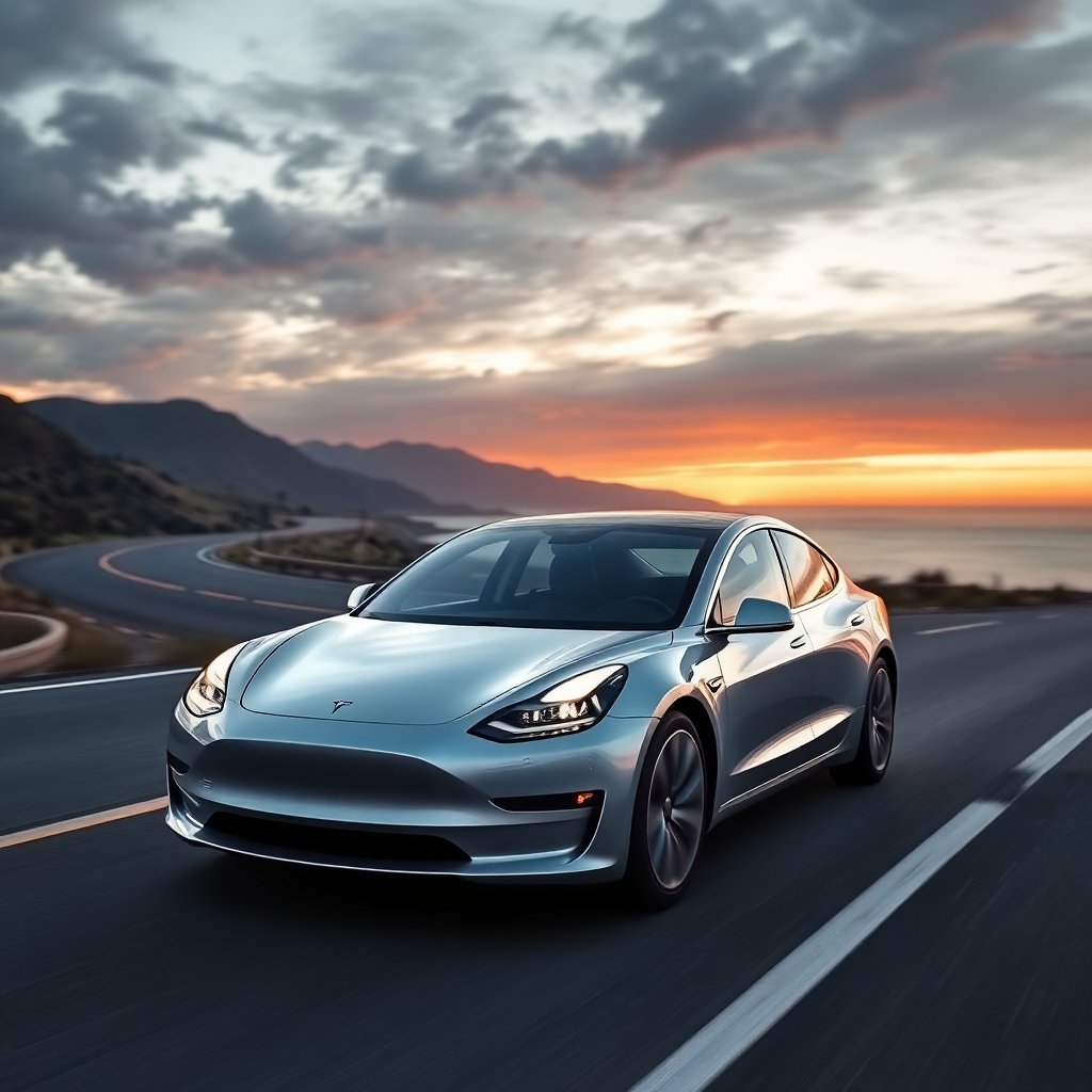 Tesla on coastal highway at sunset